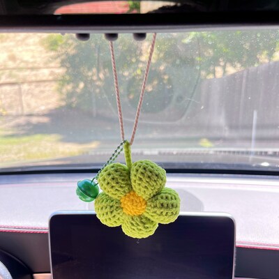 Crochet flower car accessories with bell, amigurumi flower car hanging, Knitted Flower for Interior car accessories, car decor or bag charm - image4